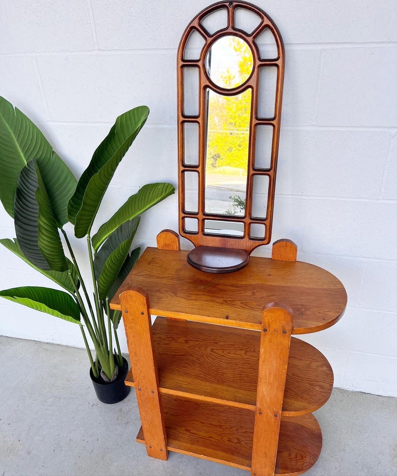 1980s Pine Wood Framed Mirror with Shelf