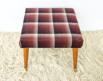 Midcentury Upholstered Stool Bench in Plaid