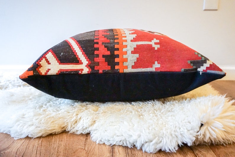 Extra Large Vintage Tribal Red and Faded Black Kilim Pillow