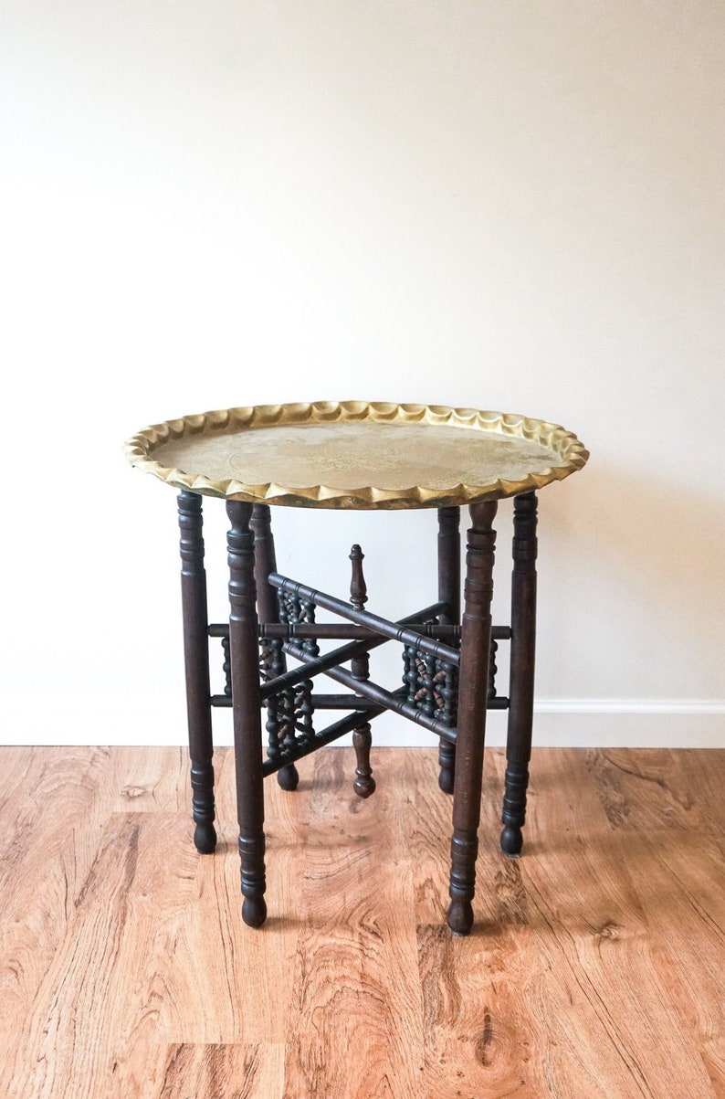 Beautiful Vintage Engraved Brass Table Top With Hand Spun Wooden Folding Legs