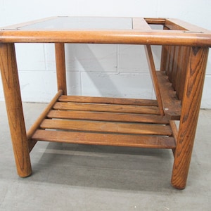 Vintage Oak End Table with Magazine Rack and Glass Top image 7