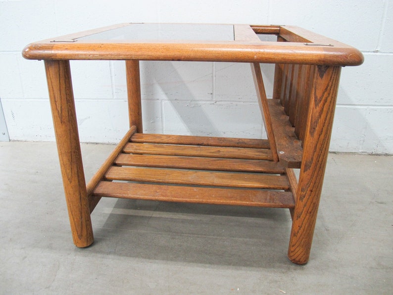 Vintage Oak End Table with Magazine Rack and Glass Top image 7