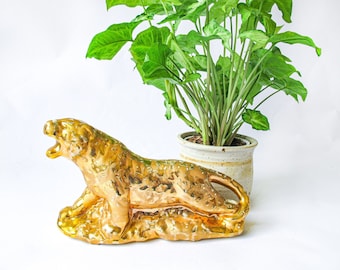 14 Karat Gold Plated Cheetah Planter Statue Sculpture