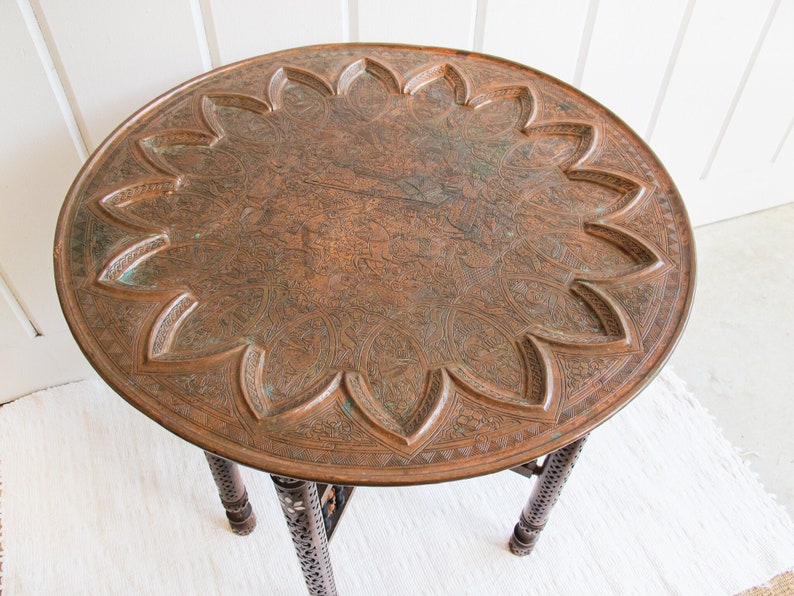 Mixed Metal Copper Top Tray Table with Folding Wood Legs with Inlay image 7