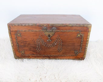 Antique Wood Trunk with Brass Accenting