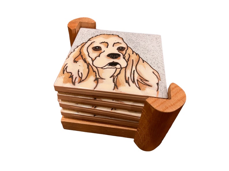 Pumpkin Inc Spaniel Dog Tile Coaster Set of 4 with Holder