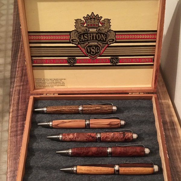 Cool Ashton Wood Cigar Box Pen Box- Repurposed Pen Case Fountain Pen Storage Case - 5 Pens