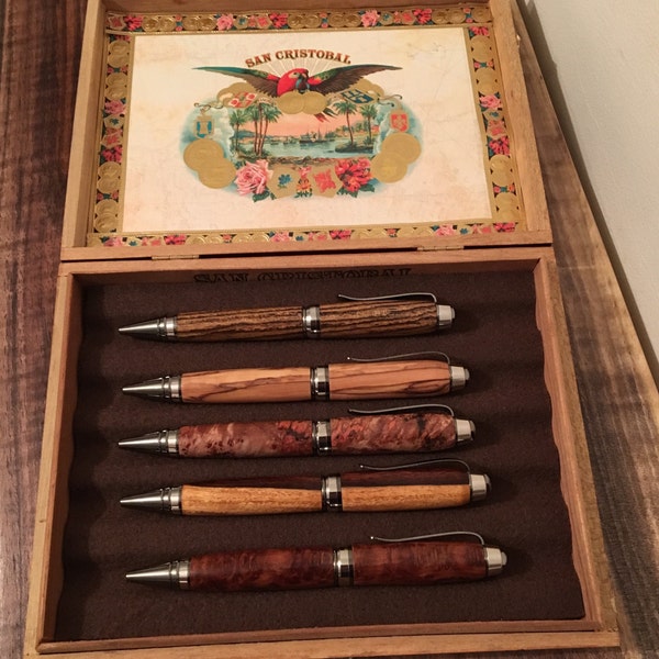 Cool Style Wood Cigar Box Pen Box- Repurposed Pen Case Fountain Pen Storage Case - 5 Pens