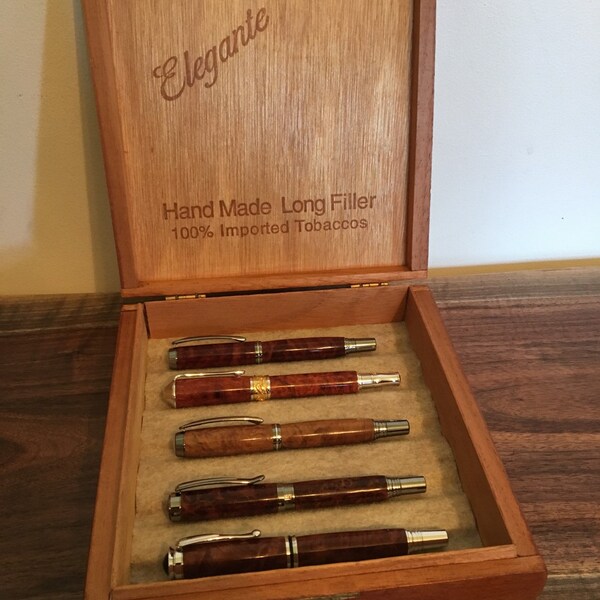 Wood Cigar Box Pen Box- Repurposed Pen Case Fountain Pen Storage Case - 5 Pens