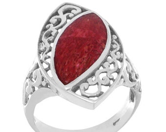 Sterling Silver Marquise Red Agate Filigree Ring from Bali, Indonesia
