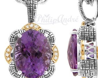 Philip Andre 18K Gold & Sterling Silver Diamond and Amethyst Designer Necklace Pendant Enhancer