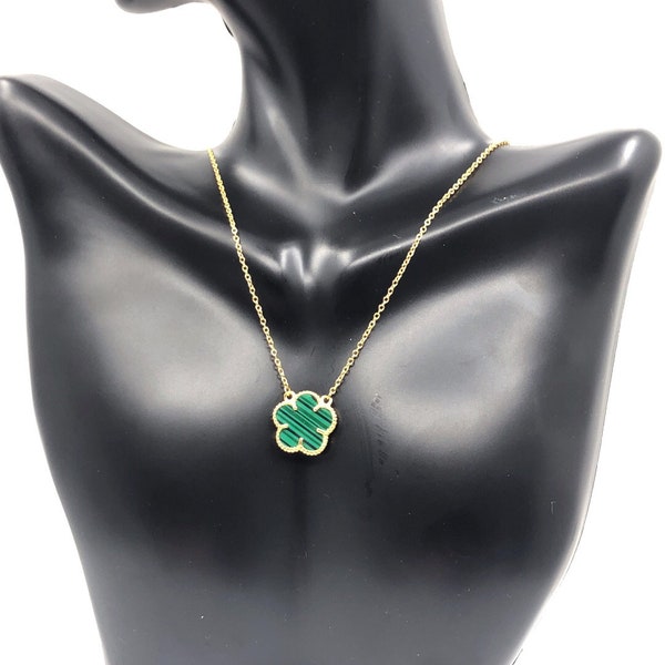 18K gold plated sterling silver, Green Malachite 5 leaf clover lucky floral pendant necklace
