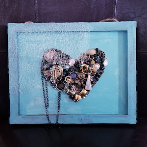 Valentine&#39;s Day Gift, Upcycled Jewelry Art, Vintage Jewelry Heart, Jewelry Wall Decor, Framed Mixed Media Art, OOAK Wall Art,