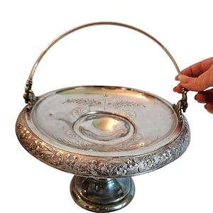 Antique AMERICAN Triple PLATE Ornate Silverplate Bridal Basket / Handled Compote Pedestal Dish With Handle, Old Centerpiece