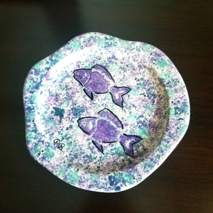 Handmade Ceramic Art Plate, Purple Fish Pattern, Decorative Platter