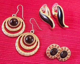 Vintage Jewelry Lot Of 3 Pairs Of Earrings Gold Tone, Costume Jewelry For Her, Gift For Mom, Statement Jewelry, Push Back Closure Earrings