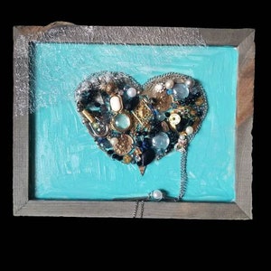 Valentines Day Gift, Upcycled Jewelry Art, Vintage Jewelry Heart,  Jewelry Wall Decor, Framed Mixed Media Art, OOAK Wall Art