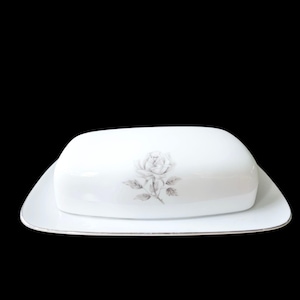 Vintage International Fine China Allure 6036 Butter Dish - Made in Japan - Gray Rose Pattern - Mid Century Serving Dish