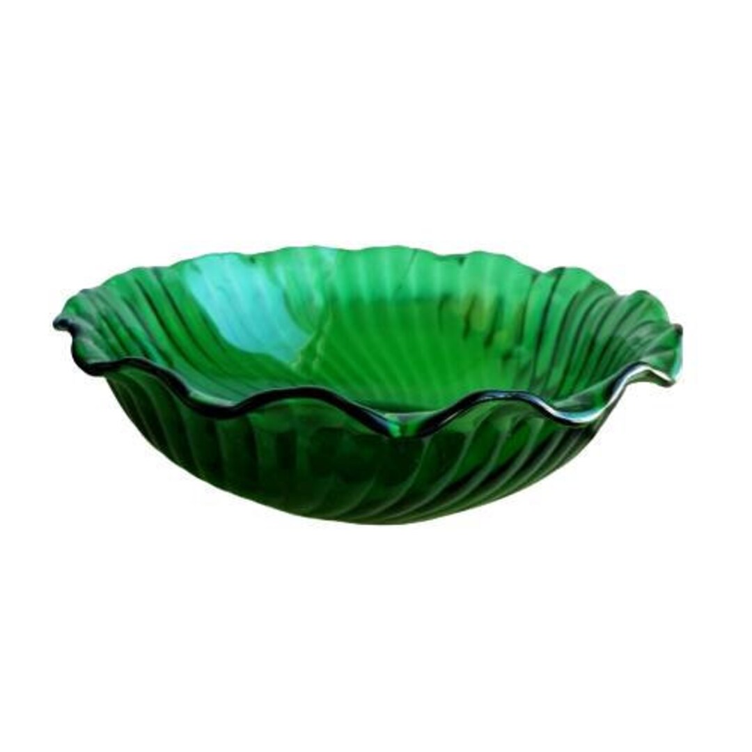 Vintage Emerald Green Glass Bowl, Ribbed Glass Bowl, Candy Bowl, Cookie