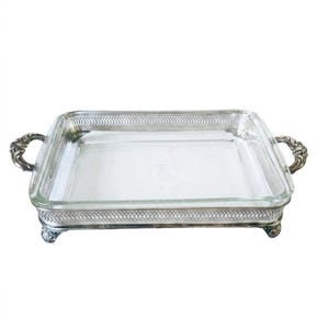 Vintage Silverplate Footed Pyrex Casserole Dish Holder & Glass Insert 17x8.5x3