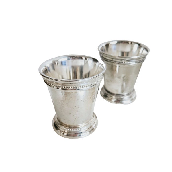 2 Vintage Nickel Plated Cups, Small Stainless Steel Julep Cups With Bead Design, Metal Barware, Metal Drinkware, Gift For Dad