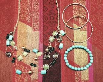 Lot Of Vintage Jewelry Matching Jewelry Set Luxurious Multistrand Necklace And 3 Bracelets Gold And Turquoise Necklace