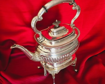 Rare Antique Silver Plate Kettle With Stand And Burner By L&W S, Queen Anne Style English EBPM Water Kettle, Anniversary Gift, Birthday Gift