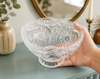 Vintage Lead Crystal Bowl, Mid-Century Pinwheel Footed Centerpiece