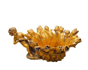 Tigela decorativa vintage dourada com querubim e tulipa.