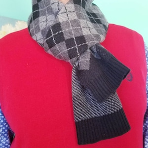 Vintage Pierre Cardin-sjaal voor heren, zachte herensjaal, lange sjaal, grijze en zwarte sjaal, geruite sjaal, 100% acryl