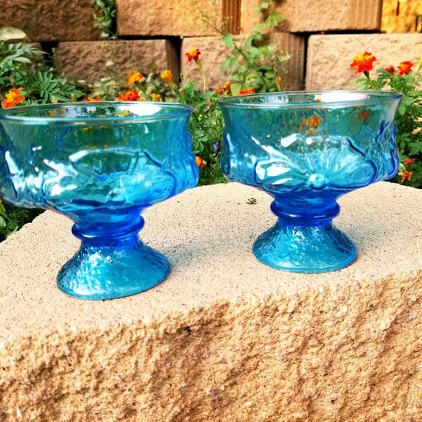 2 Anchor Hocking Rainflower Sherbet Compotes In Laser Blue, Glass Compote Bowls ,  Dessert Compotes, Blue Footed Bowls, Blue Glassware