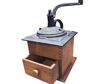 Vintage Cast Iron and Wood Coffee Mill, Manual Coffee Grinder, Rustic Farmhouse Kitchen Decor