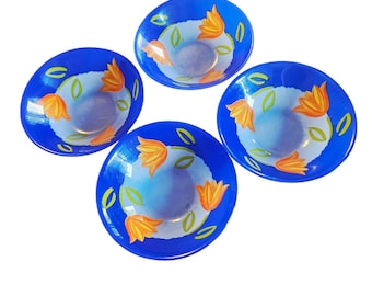 Juego de cuencos de cristal azul vintage – Flores de tulipán pintadas a mano, estilo moderno de mediados de siglo.