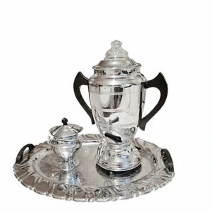 Vintage Forman Family Coffee Urn Russian Samovar Style Tea Service Chromium Solid Brass Art Deco Percolator Creamer Tray No Power Cord