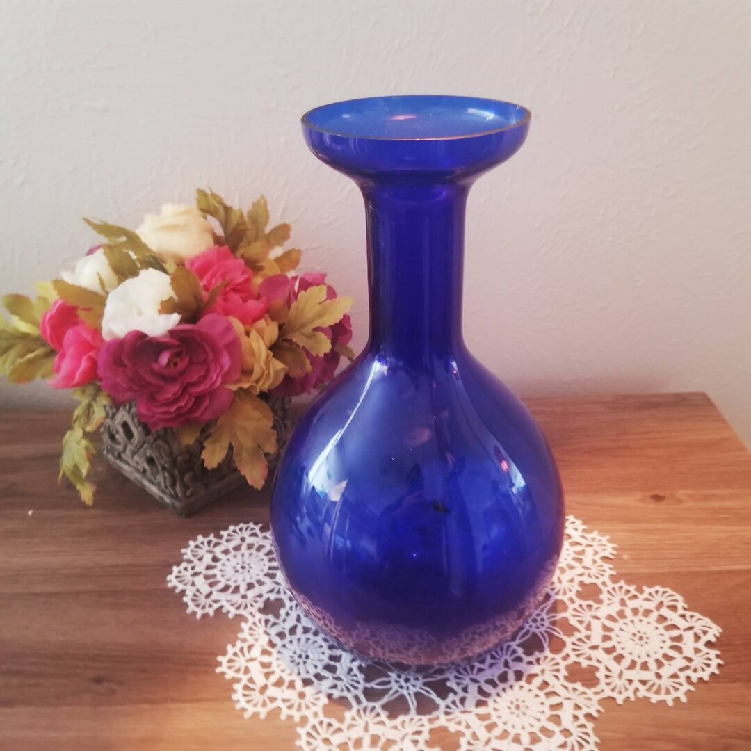 Vintage Cobalt Blue Glass Vase Tall Blue Vase Flower Vase Etsy