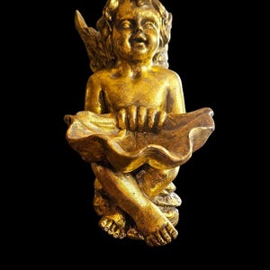 Vintage Gold Cherub Trinket Holder, Angel Decor, Gold Tone Cherub With Shell Bowl,  Spiritual Decorative Accent