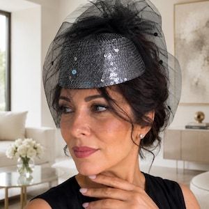 Black Sequin Pillbox Hat With Veil - Etsy