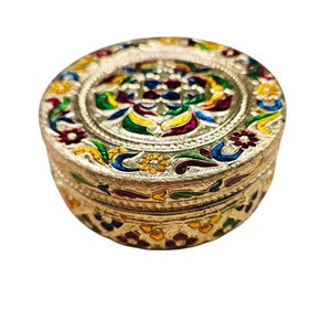 Decorative Ornate Trinket Box,Gold Tin Storage Container Marked U.S. Quality,  Asian/Indian Style Round Box With Lid