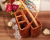 Vintage Rattan Wicker Basket, Silverware Caddy Basket With Compartments, Utensil Holder, Boho Decor, Kitchen Decor, Dining Room Decor
