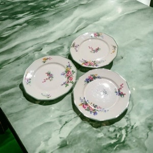 最高級フランス製陶磁器ヴィンテージ Ch Field Haviland Limoges フランス プレート 3枚セット 1960年代 花柄デザイン グリーントリム マルチカラーブレッドプレート