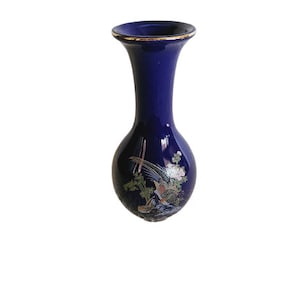 Vintage Asian Style Porcelain Vase, Blue Vase, Small Vase, Floral Pattern Vase, Housewarming Gift