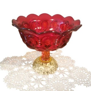 Vintage L E Smith Moon And Stars Glass Bowl,  Ambеria Compote Pedestal Bowl, Fruit Bowl, Table Centerpiece, Ruby Red Glass Bowl