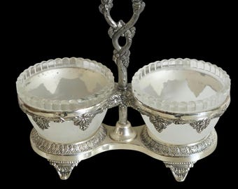 Vintage Made in Japan Silver Plated Double Condiment Server Caddy Frosted Glass Bowls