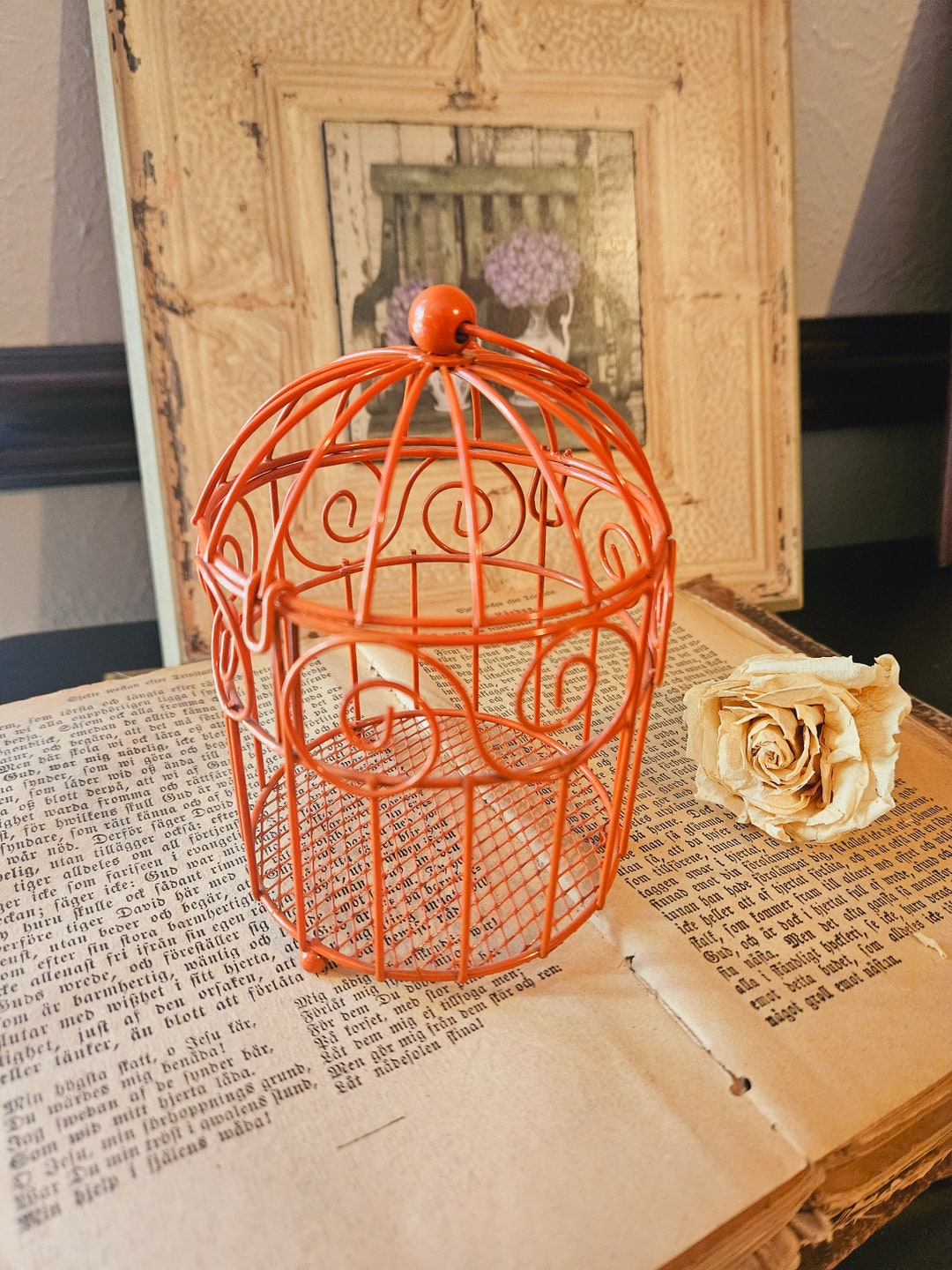 Small Decorative Metal Bird Cage Orange Home Decor Shabby Etsy