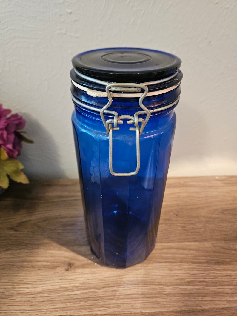 Vintage Style Blue Glass Kitchen Canister Flip Top Lid