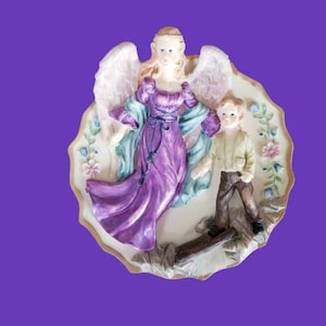 Vintage Guardian Angel Figurine Plate Sculptured Decorative Plate Angel With Boy Religious Home Decor Angel Wall Decor
