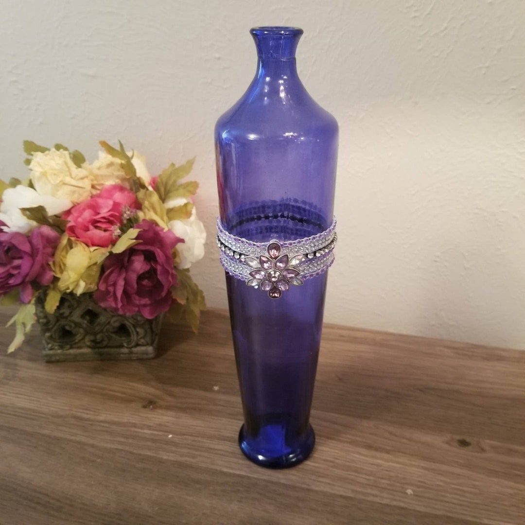 Vintage Blue Glass Vase, Tall Blue Vase, Embellished Vase, Flower Vase