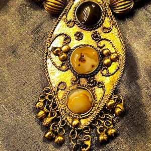Beautiful Vintage  Necklace with Brass Pendant and Natural Gemstones,  Statement Pendant Necklace