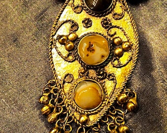 Beautiful Vintage  Necklace with Brass Pendant and Natural Gemstones,  Statement Pendant Necklace