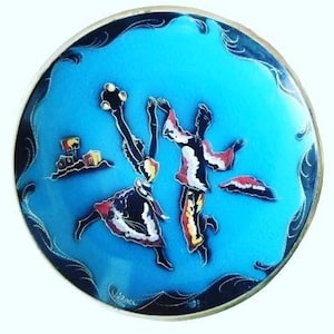 Vintage Wall Decor Made In Israel, Hand Painted Wall Plate With Israeli Dancers, Large Round Metal Plate